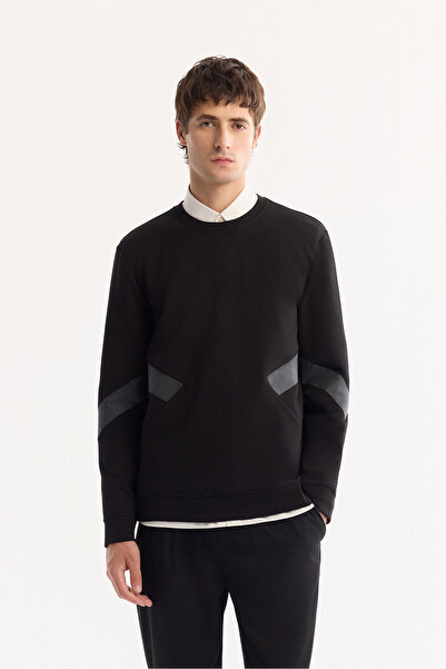 Avva Erkek Siyah Bisiklet Yaka Pamuklu Bi-Stretch Baskılı Regular Fit Sweatsh...