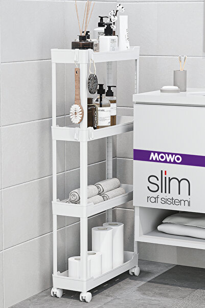 Mowo Home Slim 4 Katlı Tekerlekli Raf Ünitesi Beyaz, Banyo Rafı, Mutfak Rafı,...