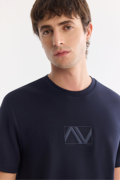 Avva Erkek Lacivert Bisiklet Yaka Baskılı Bi-Stretch İnterlok Regular Fit T-shirt A61Y1054