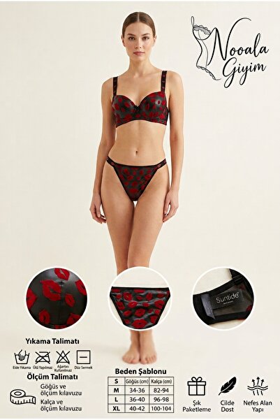 NOOALA GİYİM Women's Black Leather Look Red Lip Print Push-Up Set - Kiss Me S...