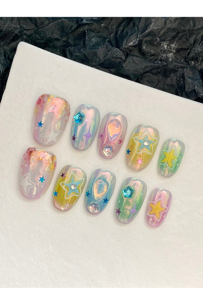 Choice1 M 10Pcs Press on Nails Aurora Gradient Multicolored Stars Fake Nails ...