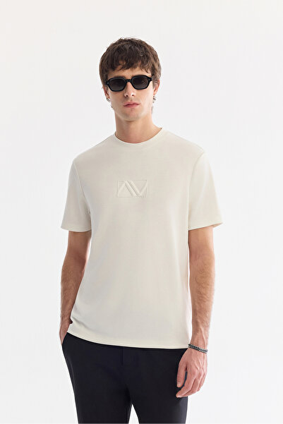 Avva Men's Ecru Crew Neck Printed Bi-Stretch Interlock Regular Fit T-Shirt A6...