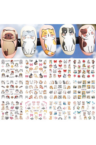 Choice BN2929-2940 12pcs Cute Cat Nail Water Sticker Kawaii Anime Watercolor ...