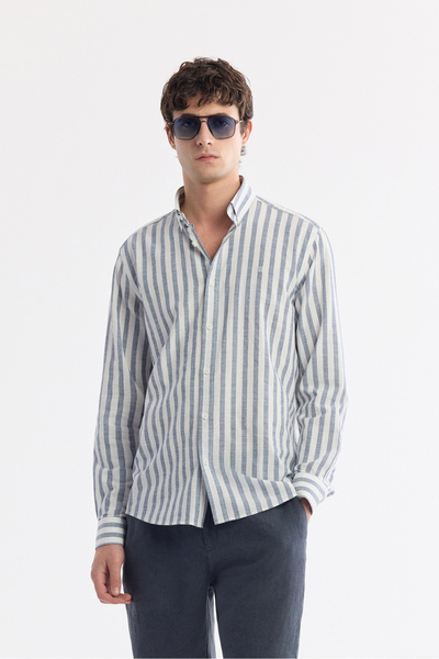 Avva Men's Navy Blue Buttoned Collar Striped 100% Cotton Comfort Fit Shirt A5...