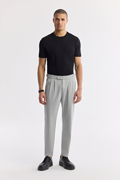 Avva Men's Gray Classic Waist Pleated Carrot Fit Trousers with Epaulet Detail...