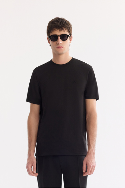 Avva Men's Black Crew Neck Bi-Stretch Wrinkle-Free Printed Regular Fit T-Shir...