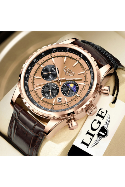 Choice1 LIGE gold brown LIGE Fashion Leather Watches For Men Waterproof Chron...