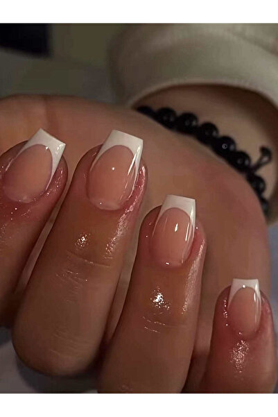 Choice Beige 24pcs/set short square fake nails for women cute bride heart whi...