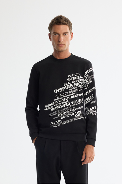 Avva Erkek Siyah Bisiklet Yaka Pamuklu Baskılı Regular Fit Sweatshirt A42Y1285