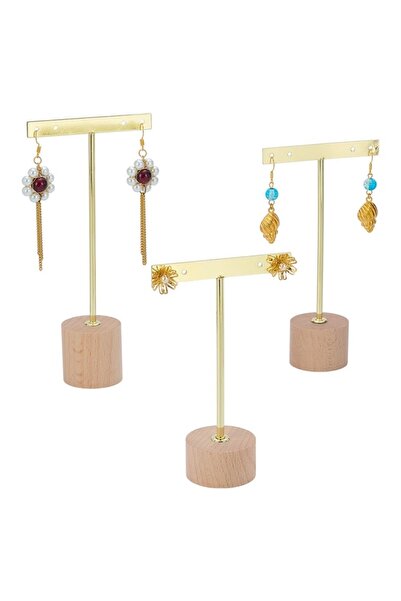 Choice Golden 3pcs Metal T Bar Earring Display Stand Jewelry Stand with Woode...