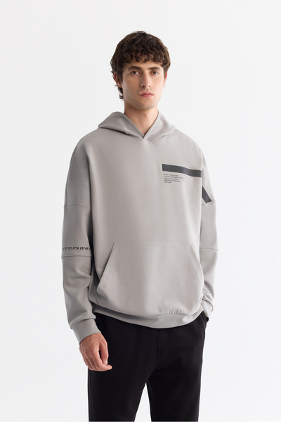 Avva Erkek Gri Kapüşonlu Pamuklu Baskılı Elastan Oversize Fit Sweatshirt A42Y...