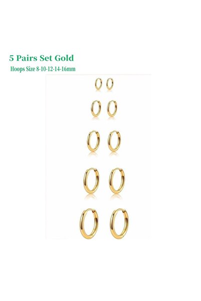 Choice 5 Pairs Set Gold 5 Pairs 14K Gold Plated Huggie Hoop Earrings for Wome...