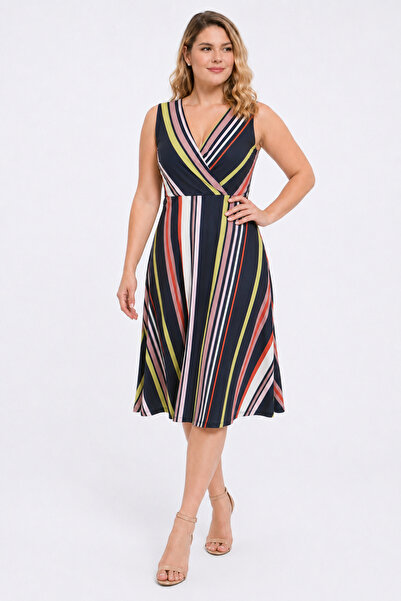 Şans Women's Plus Size Colorful Wrap Collar Striped Dress 65N38833