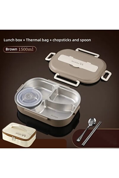Choice 1500ml Brown 304 Stainless Steel Compartment Insulated Lunch Box Offic...