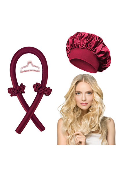 Choice Wine Red with cap Heatless Curling Rod Headband Satin Bonnet Set No He...