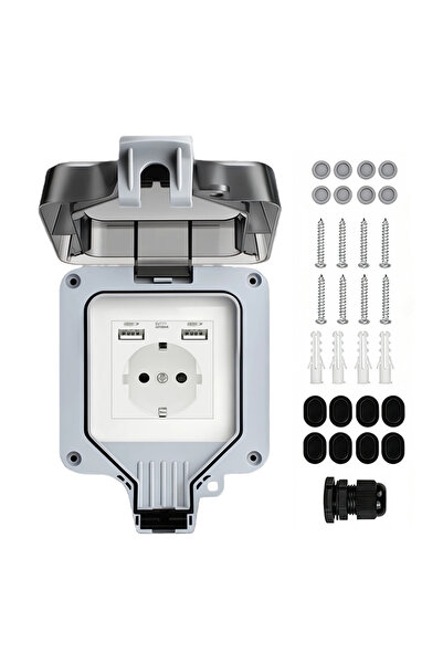 Choice6 White EU 2 USB Waterproof Outdoor Socket,Double Power Outlet with Pro...