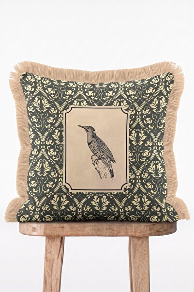 IdeCraft Vintage Bird Figured Khaki Green Damask Decorative Cushion Cover wit...