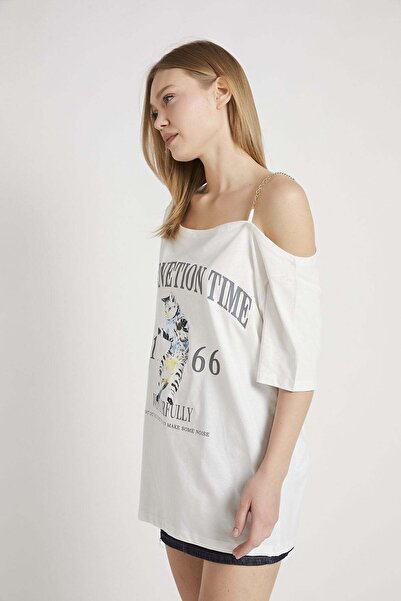 Arma Life Armalife 2325 Chain Detail Low Shoulder Printed Women's T-Shirt