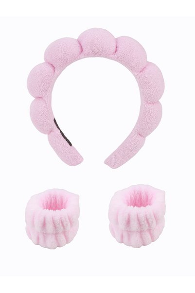 choice2 Pink Sponge Spa Headband with Wristbands for Washing Face Wide Padded...