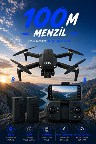 piha E100 Fırçasız Motor Hd 720p Çift Kameralı 2Batarya&25Dakika Uçuş Taşıma Çantalı Drone