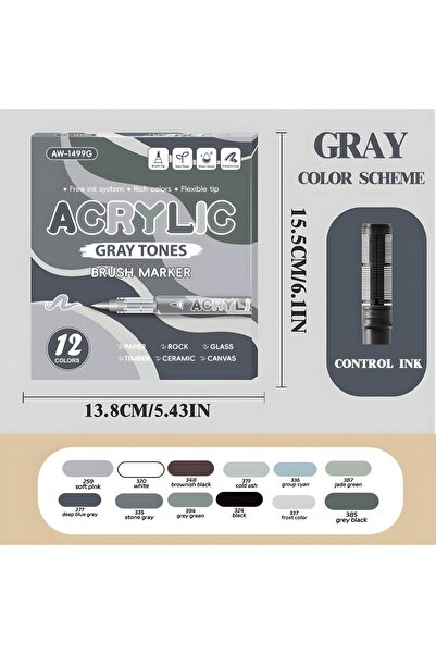 Choice4 12 Gray Tones Acrylic Paint Markers,12Pack Soft Brush Tip Acrylic Pai...