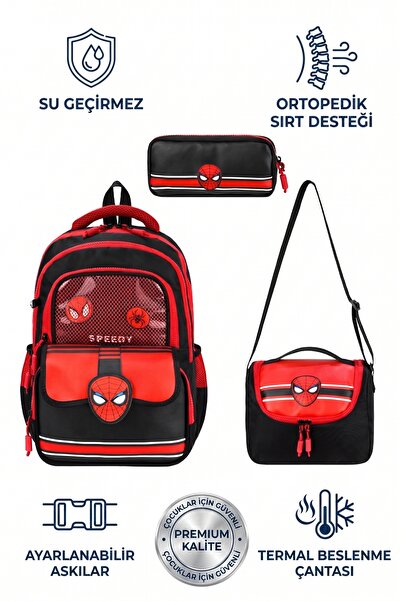 duhay Örümcek Desenli İlkokul Çanta Seti Termal Beslenmeli ve Kalemlikli Erke...