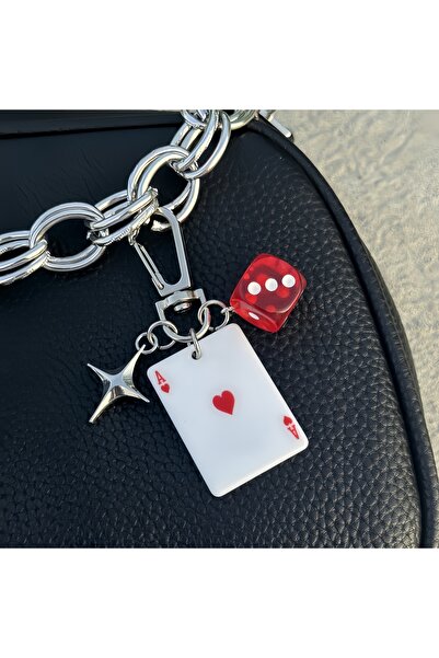 Choice Red Poker Bag Charm Playing Card Acrylic Dice Keychain with Star Penda...