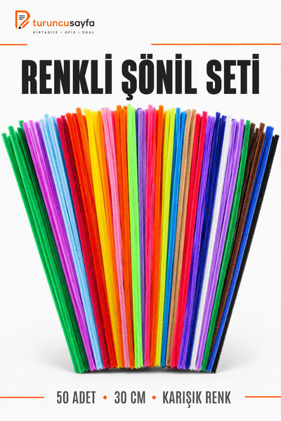 everart Renkli Şönil, 50 Adet, Tüylü Tel, 30 cm, Eğitici Şönil Seti, Peluş Tel