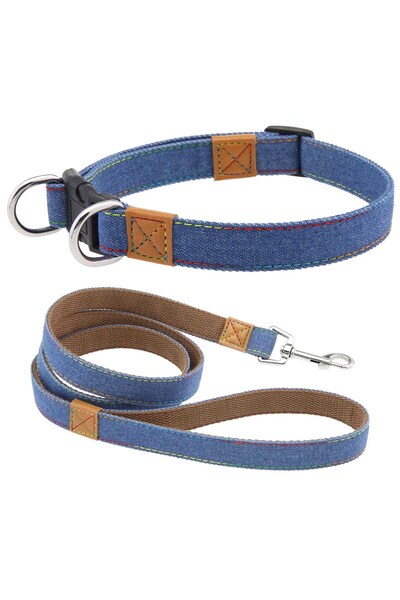 choice2 M Blue Adjustable Metal D-Ring Retro Denim Pet Leash And Collar Set W...