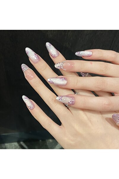 Choice M 10pcs Handmade Purple Cat Eye Press on Nails Summer Flowers Pearl De...