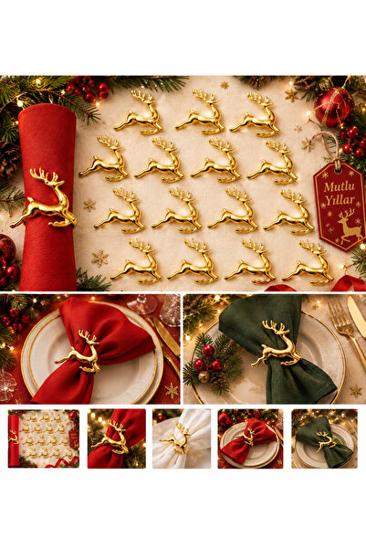 İsmet toka 6 Pcs - Running Deer Napkin Rings Gold New Year and Ramadan (Tarni...