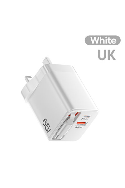 choice2 شاحن سريع بريطاني 65 واط مع كابل USB-C قابل للسحب، منفذان USB من النو...