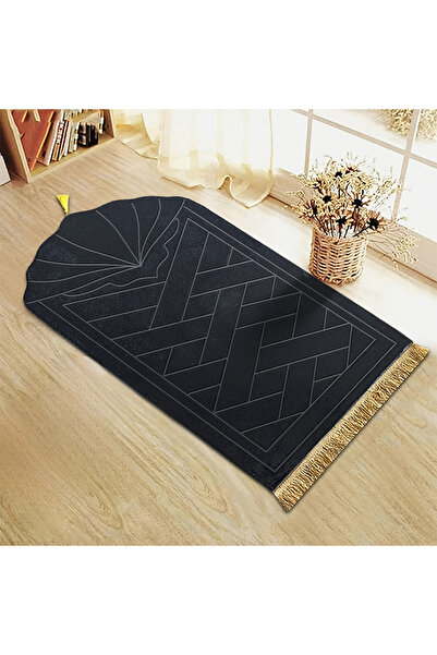 Choice 65x110CM Black Thickened sponge prayer mat with tassel embossed prayer...