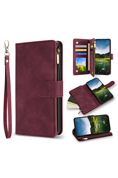 Choice6 Galaxy S26 Case & Strap Wine red Wallet Multi-card Zipper Kickstand M...