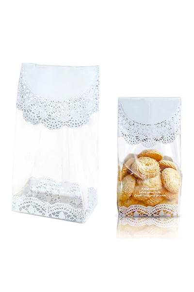 Choice 23x8.5x6cm 50pcs 50Pcs White Lace Cookie Biscuit Bag Clear Candy Snack...