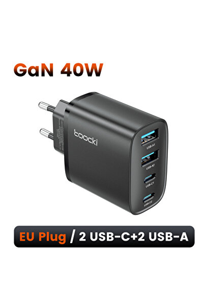 Toocki شاحن سريع أسود بتقنية GaN بقوة 40 واط كحد أقصى مع منفذ USB-C وUSB لهوا...