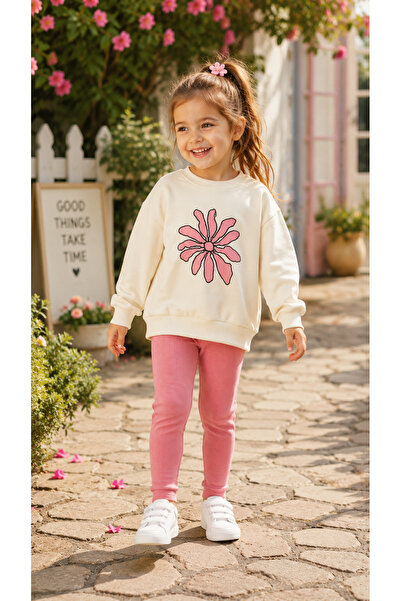 NOTA KİDS Daisy Detailed Sweatshirt Stretch Fabric Wick Fabric Leggings Girls...