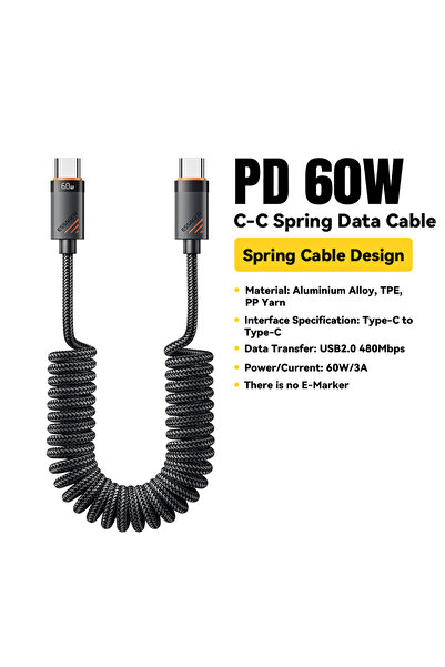 essager 1.2m 60W C To C Black Car Spring Type C Cable For iPhone 16 1514 100W...