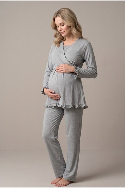 Pelin Women's Adjustable Waist Maternity Pajama Set with Hidden Nursing Feature