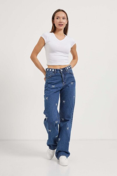 Arma Life Women's Loose Jeans Patterned Straight Blue Denim Trousers