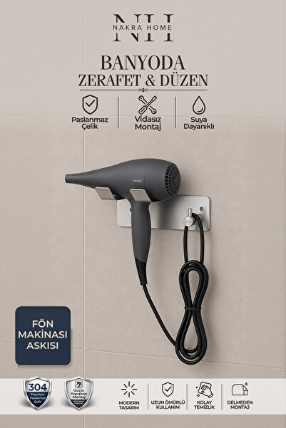 NAKRA HOME Paslanmaz Çelik Yapışkanlı Fön Makinesi Askılığı | Delmeden Montaj...