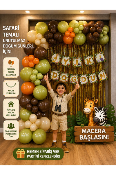 Genel Markalar Doğum Günü Safari Konsepti Balon Süsleme Parti Seti Happy Birt...