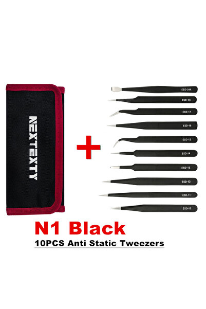 Choice4 N1 Black Anti Static 10Pcs Tweezers Set With Bag Industrial Electroni...