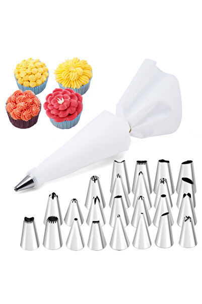 Choice 24pcs SET2 White 6-24 Pcs Set Pastry Bag and Stainless Steel Cake Nozz...