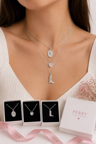 perry accessories 3 قطع من مجموعة قلادات فضية من الفولاذ المقاوم للصدأ، قلادة على شكل صدفة بحرية، مجموعة قلادات على شكل قلب