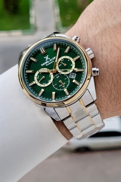 Daniel Klein 44 mm Men's Wristwatch with Green Dial and Gold Silver Color Str...