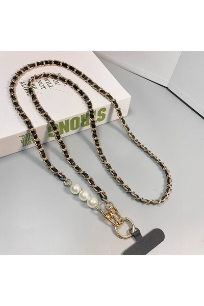 choice2 black Pearl Leather Chain Mobile Phone Strap Long Crossbody Anti-Loss...