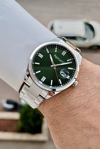 Ferrucci Kadranı Yeşil Kordonu Silver Renk 24 Ay Garantili 40 Mm Takvimli Erk...