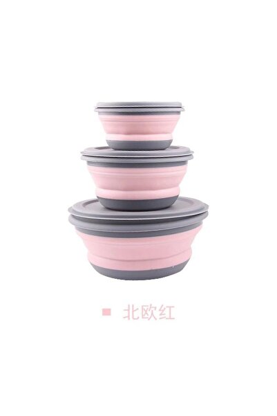 Choice Pink Portable Folding Lunch Box Bowl Sets Silicone 3Pcs/Set Food Conta...