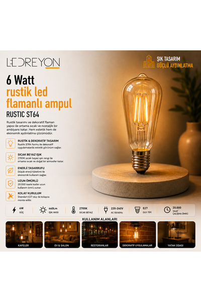 LEDREYON 6 Watt Rustik Led Ampul - 6w E-27 Duy
